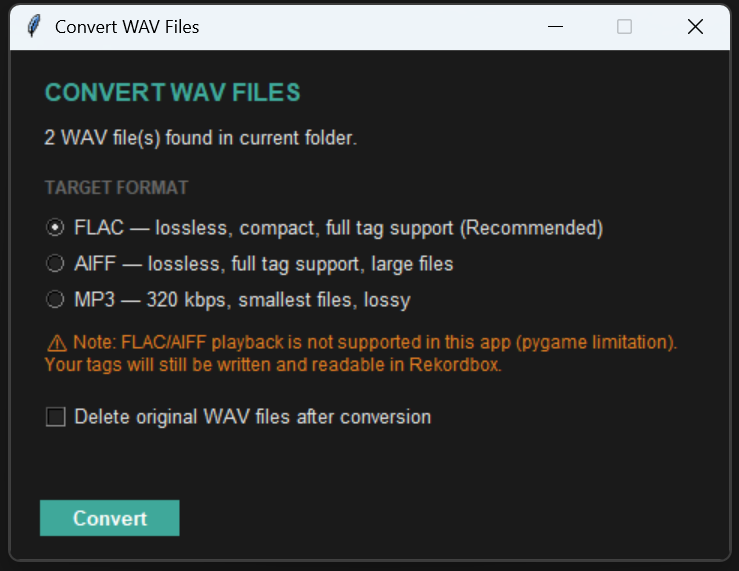 Convert WAV Files dialog with FLAC, AIFF and MP3 options and a checkbox to delete originals.