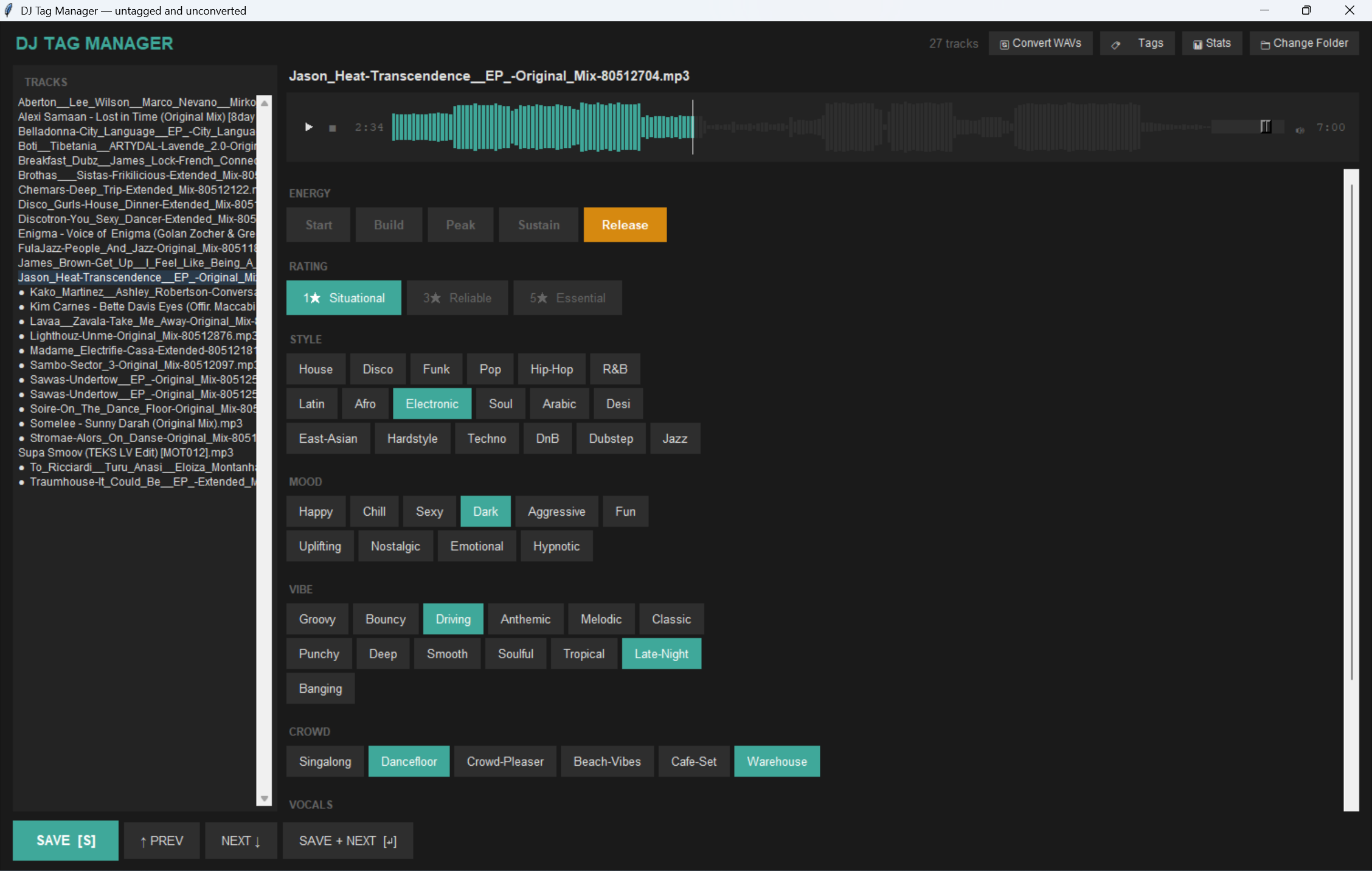 DJ Tag Manager main window with waveform, energy/rating/style/mood/vibe/crowd buttons, and a track list.
